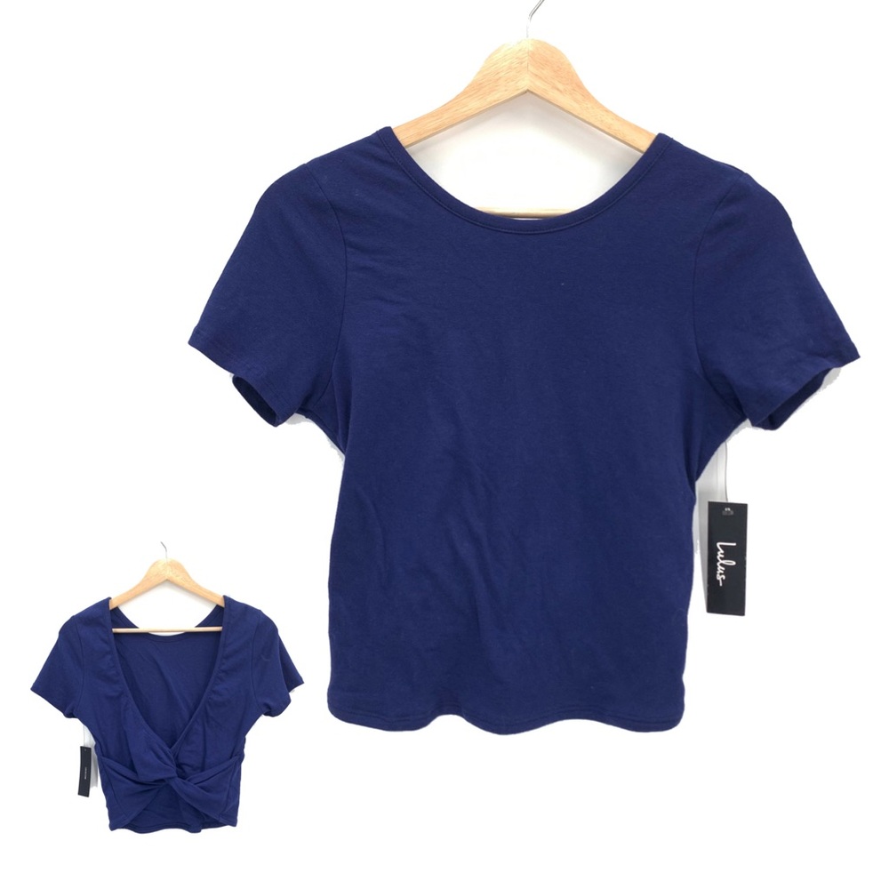 Lulus Navy Blue Short Sleeve Crew Neck Twist Back Top Size Small NWT